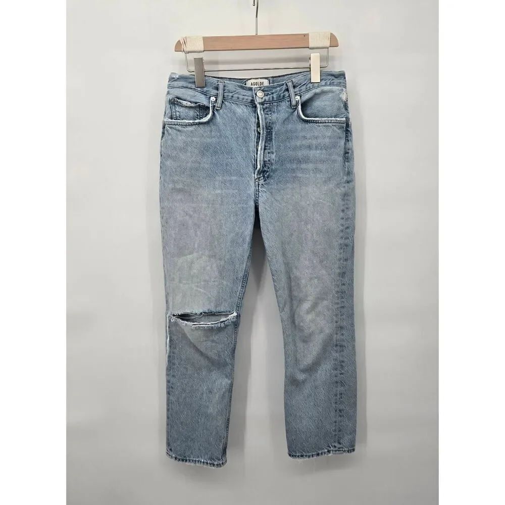 Agolde Riley Jeans Women's Size 29 Blue High Rise Button Fly Distressed Straight